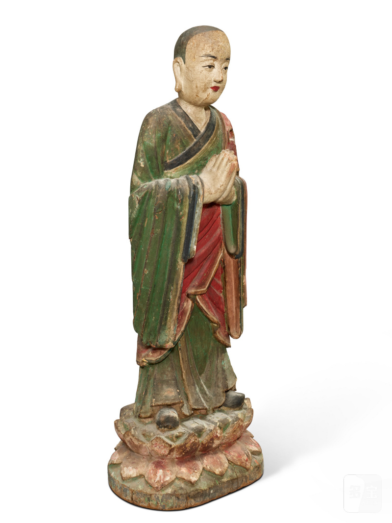 STATUE D'ANANDA EN BOIS ET STUC POLYCHROME  CORÉE, DYNASTIE JOSEON, XIXE SIÈCLE - 图2